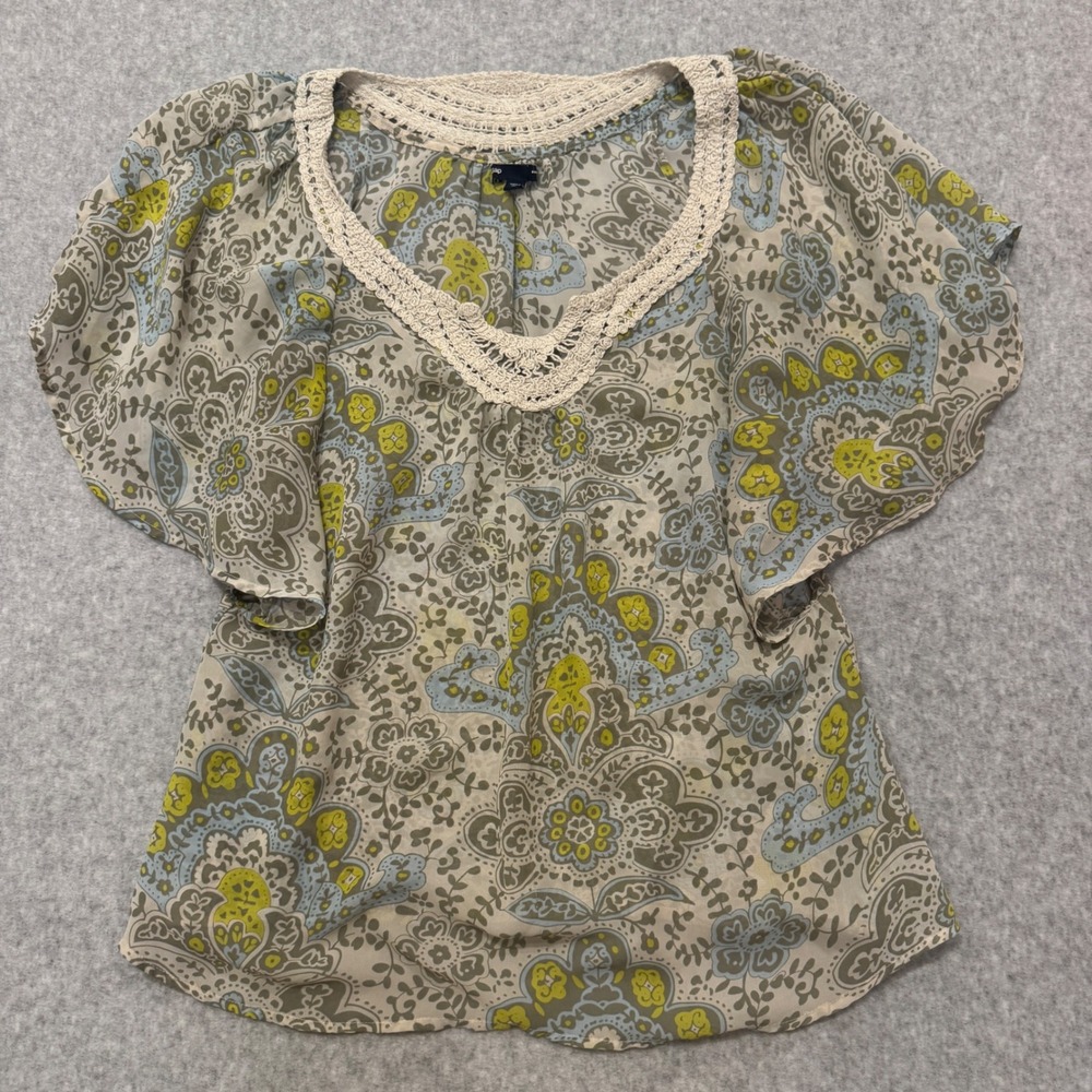 Gap Women Paisley Crochet Lace V-Neck Flutter Sleeve Sheer Boho Blouse  M Y2K